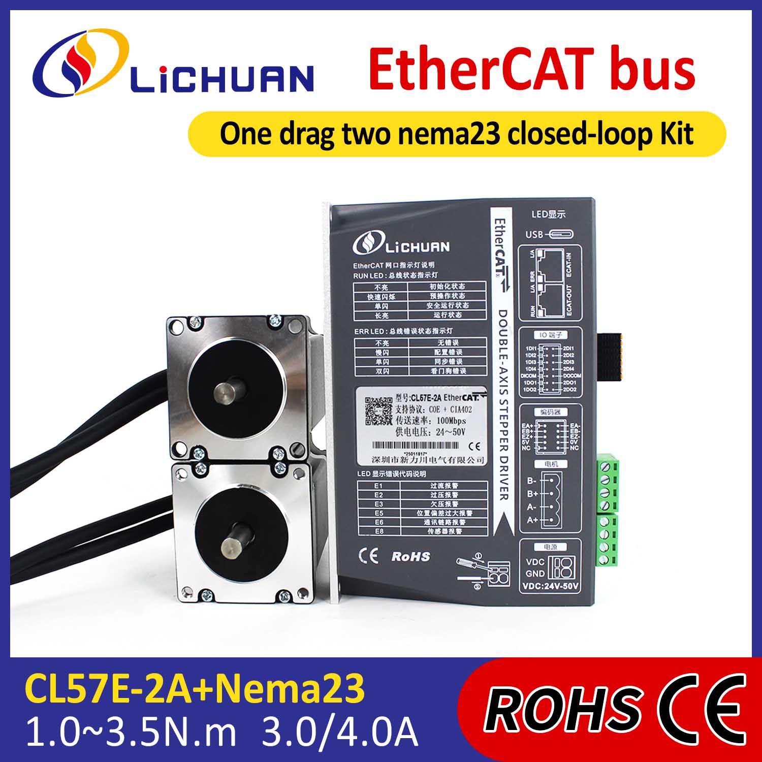 Sada ovladačů krokového motoru EtherCAT 2Phase Nema23 se 2 osami DC
