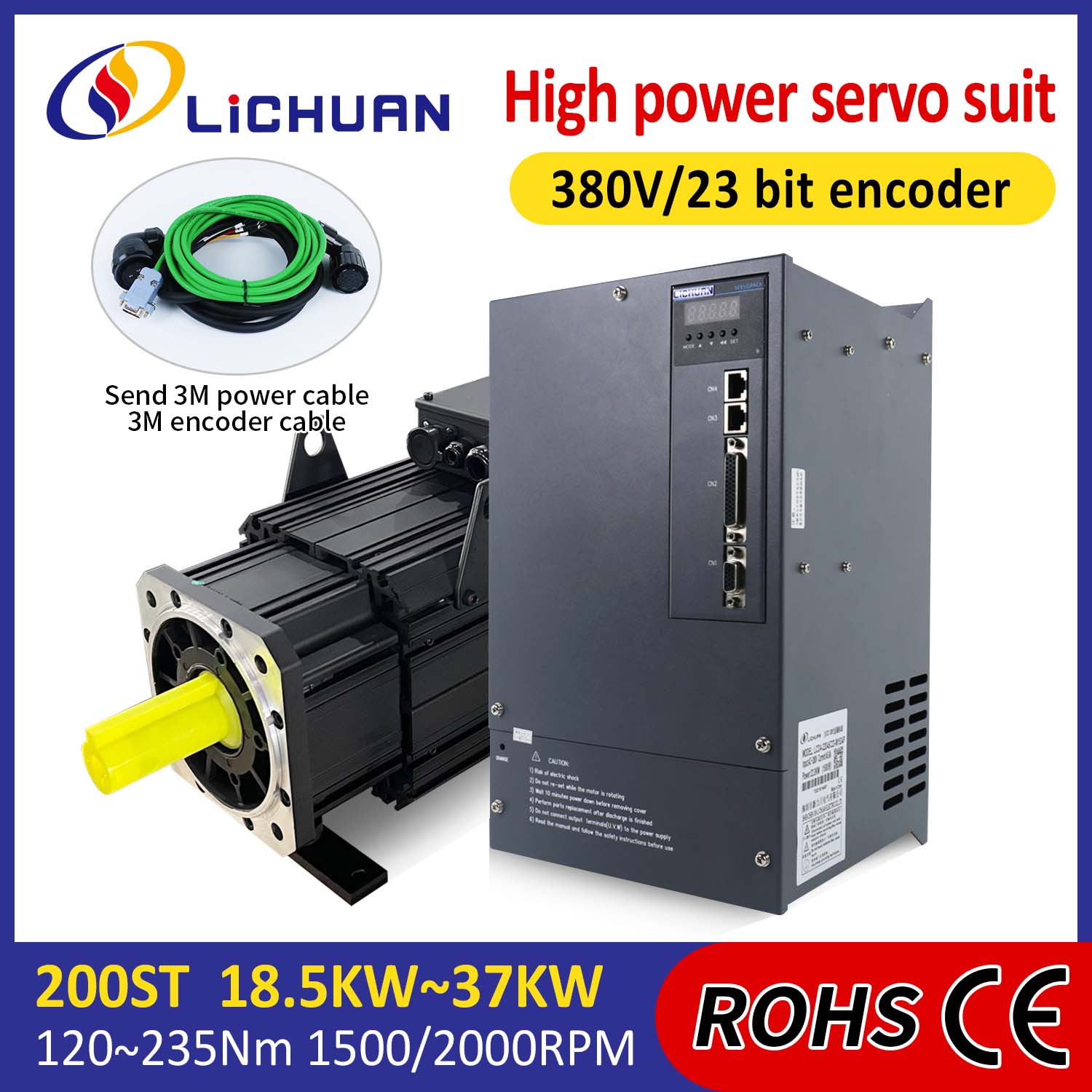 Sada ovladačů servomotoru Lichuan VYSOKÝ VÝKON 140N.m 22KW AC380V 44,7A 1500/2000RPM IP65