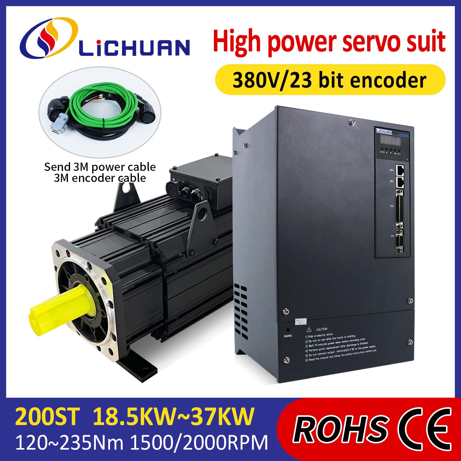 Sada ovladačů servomotoru Lichuan VYSOKÝ VÝKON 191 N.m 30KW AC380V 52A 1500/2000RPM IP65