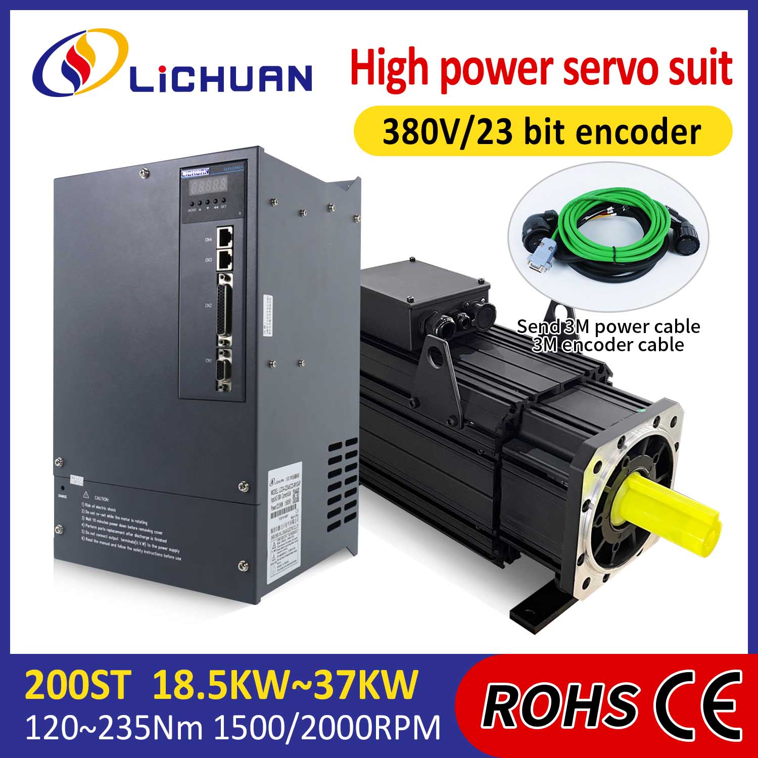 Sada ovladačů servomotoru Lichuan VYSOKÝ VÝKON 235N.m 37KW AC380V 73A 1500/2000RPM IP65
