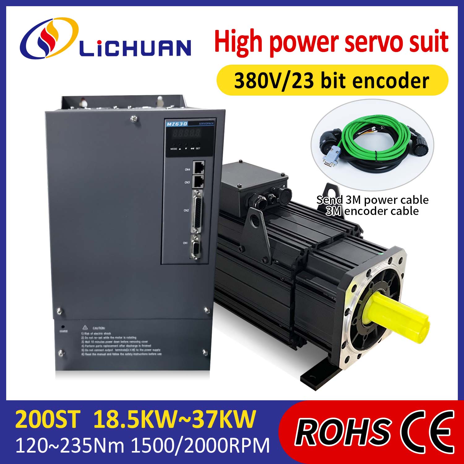 Sada ovladačů servomotoru Lichuan VYSOKÝ VÝKON 88N.m 18,5KW AC380V 31,6A 1500/2000RPM IP65
