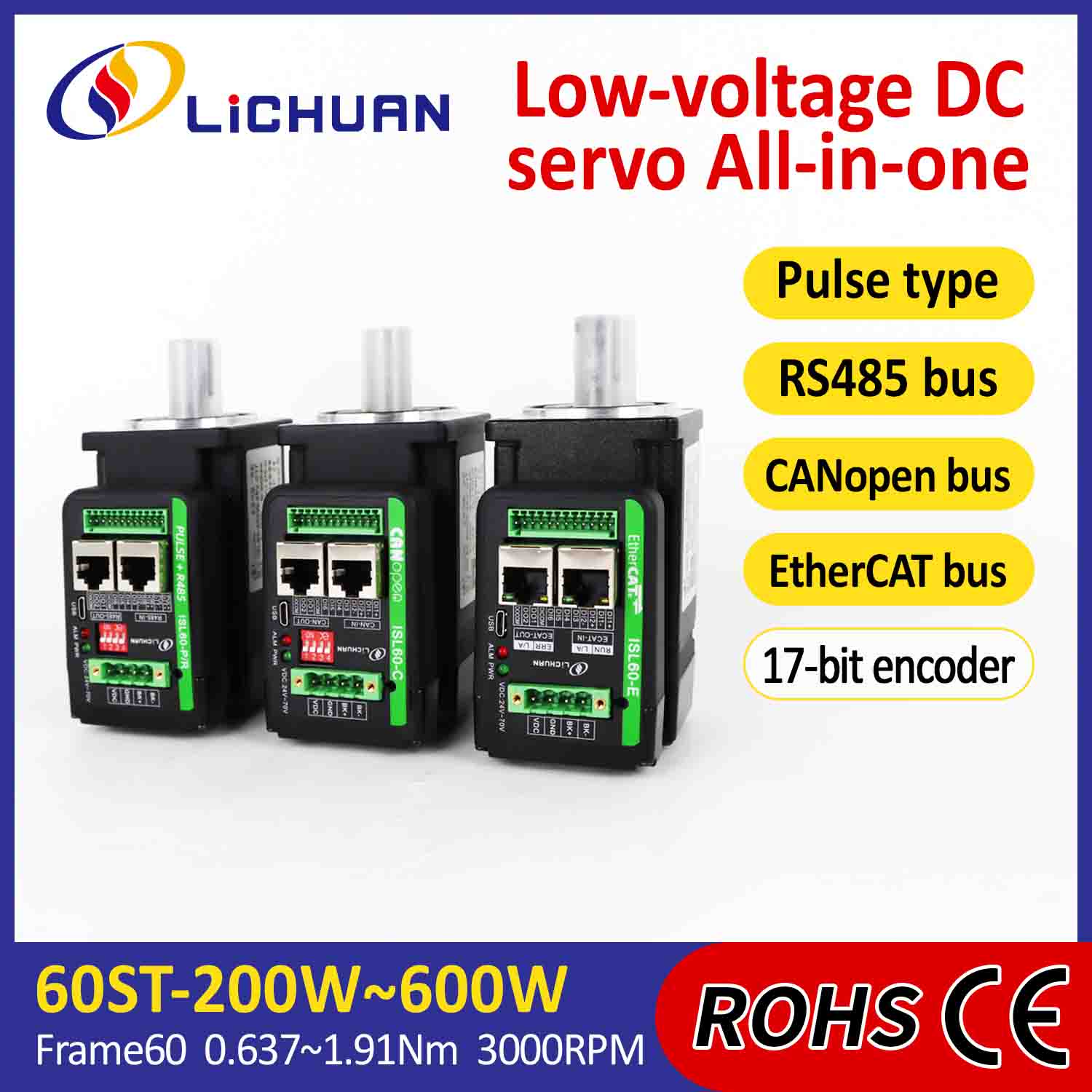 Ovladač integrovaných servomotorů Lichuan ve tvaru L 400 W 1,27 N.m DC24/48 V 6,0/10/12/15A 3000 ot./min IP65
