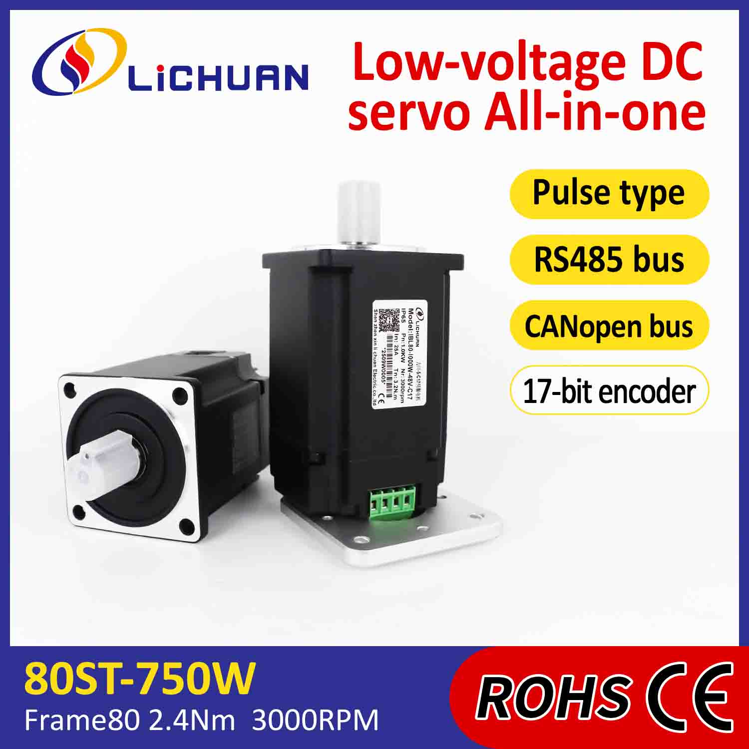 Ovladač integrovaných servomotorů Lichuan Pulse/RS485/CANopen Control 1000W 3.2N.m DC48V 20/25A 3000RPM IP65