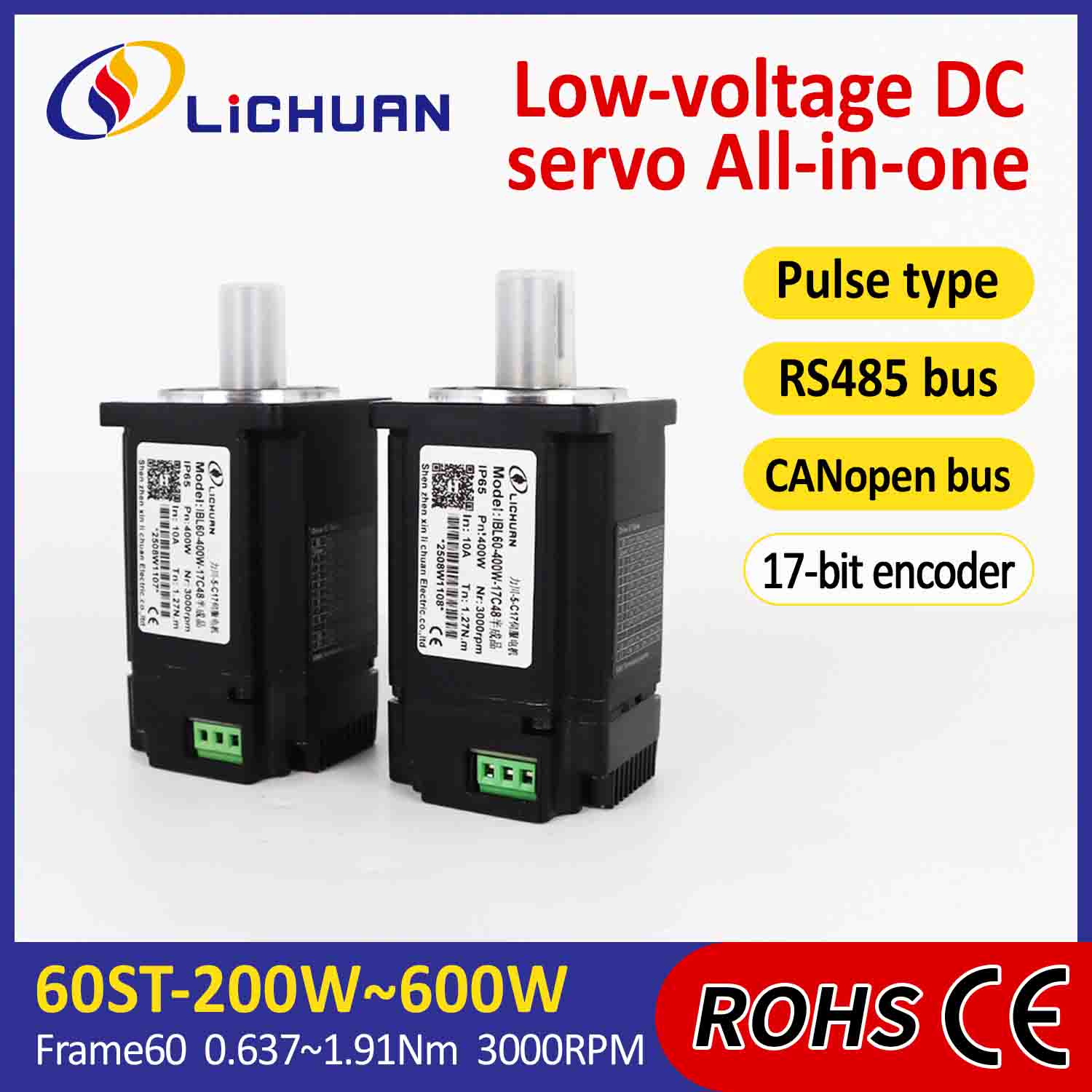 Ovladač integrovaných servomotorů Lichuan Pulse/RS485/CANopen Control 400W 1,27N.m DC24/48V 6/10/12/15A 3000RPM IP65