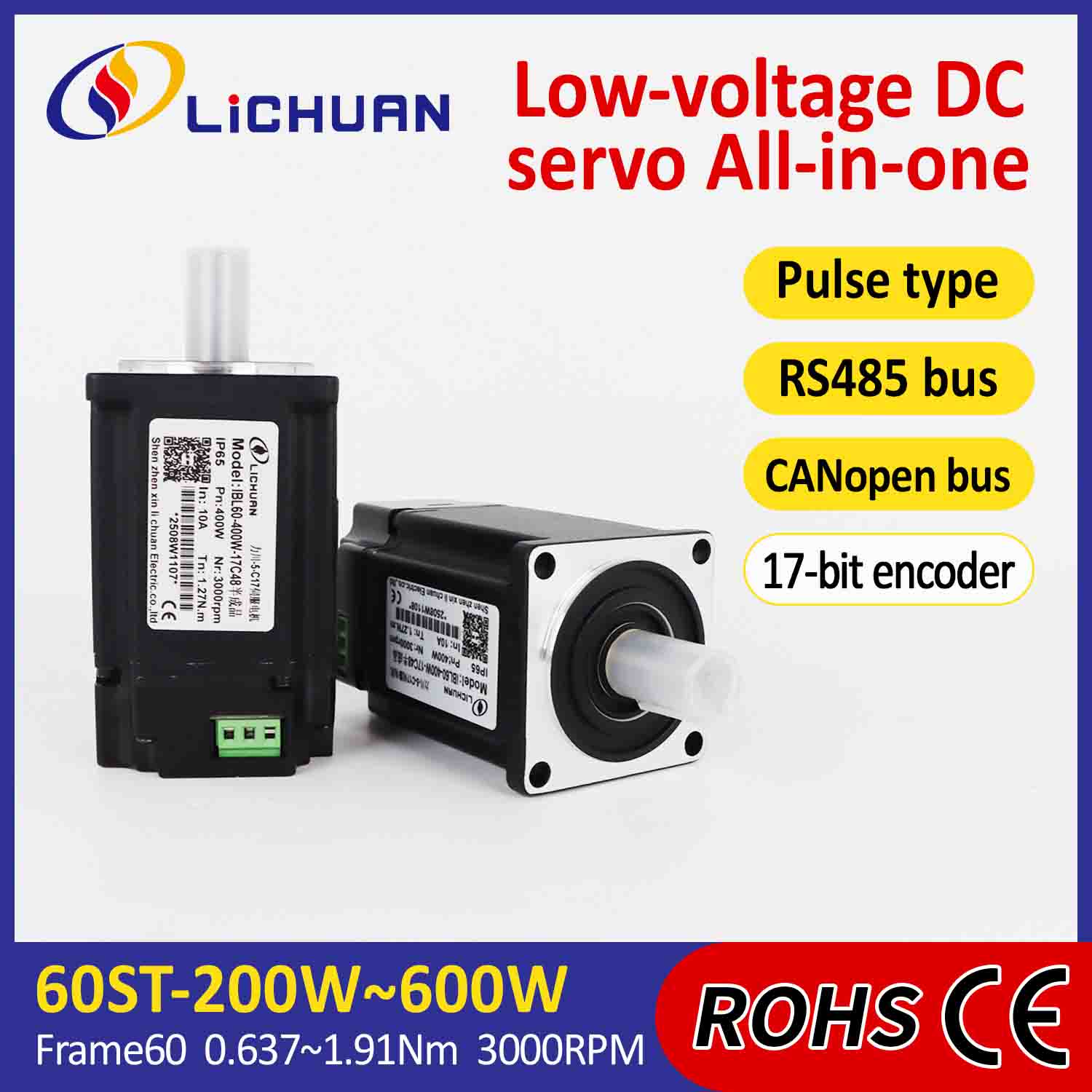 Ovladač integrovaných servomotorů Lichuan Pulse/RS485/CANopen Control 600W 1,91N.m DC24/48V 6/10/12/15A 3000RPM IP65
