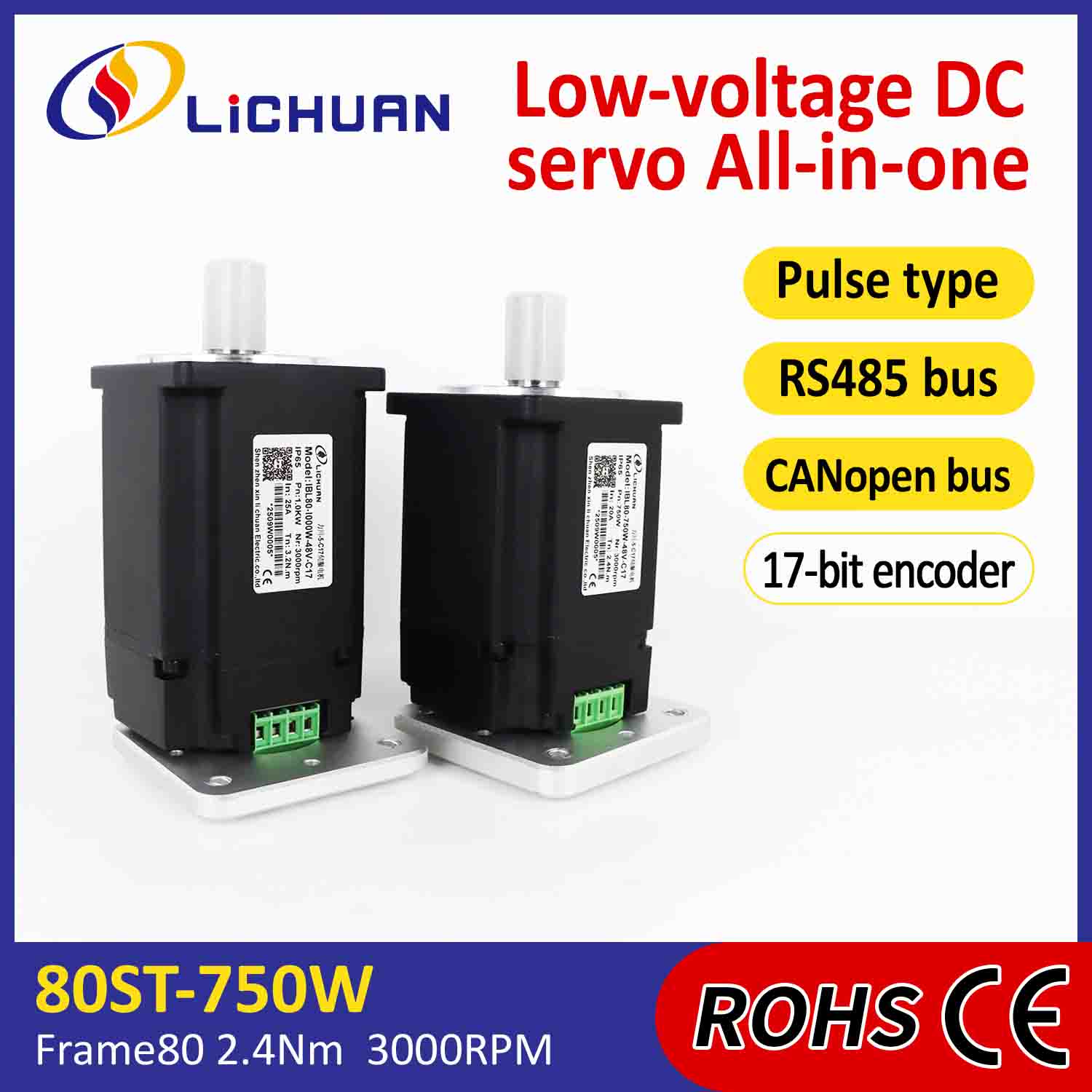 Integrovaný ovladač servomotorů Lichuan Pulse/RS485/CANopen Control 750W 2,4N.m DC48V 20/25A 3000RPM IP65